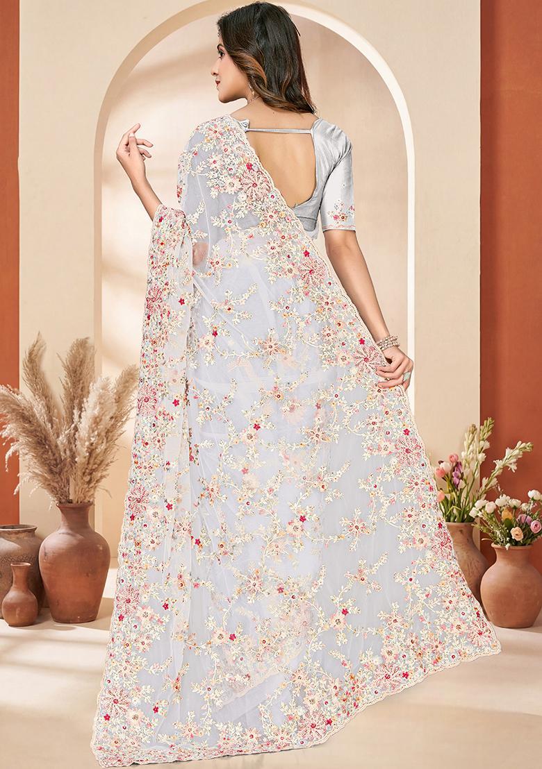 White Embroidery Net Saree Set - Indya