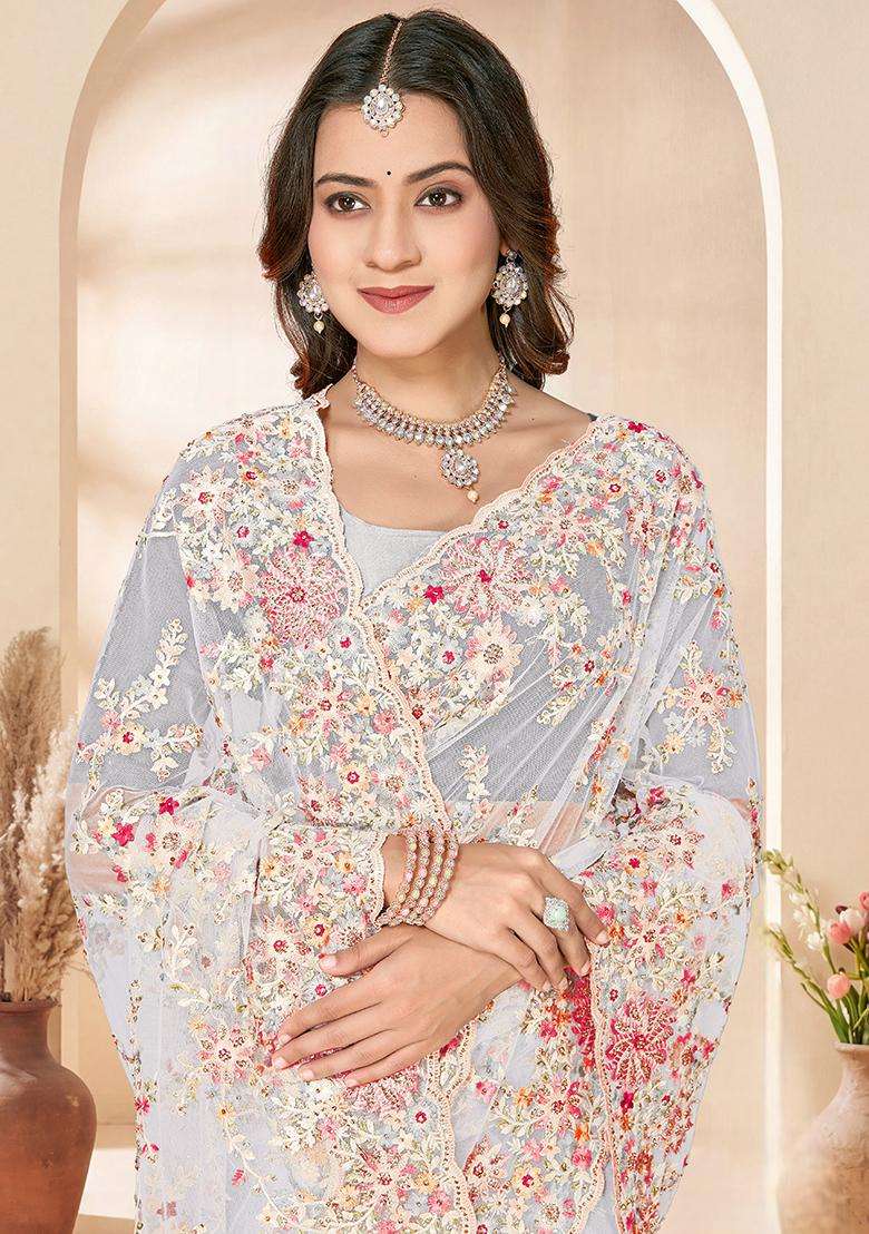 White Embroidery Net Saree Set - Indya