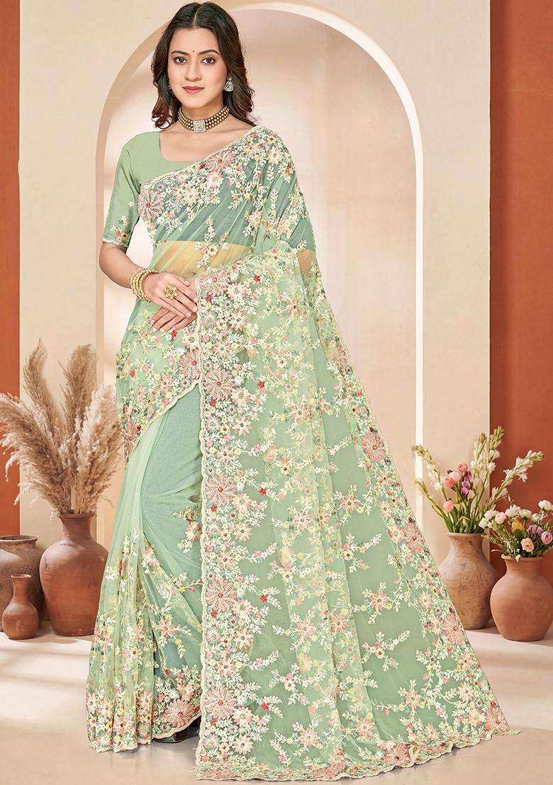 Sea Green Embroidery Net Saree Set - Indya