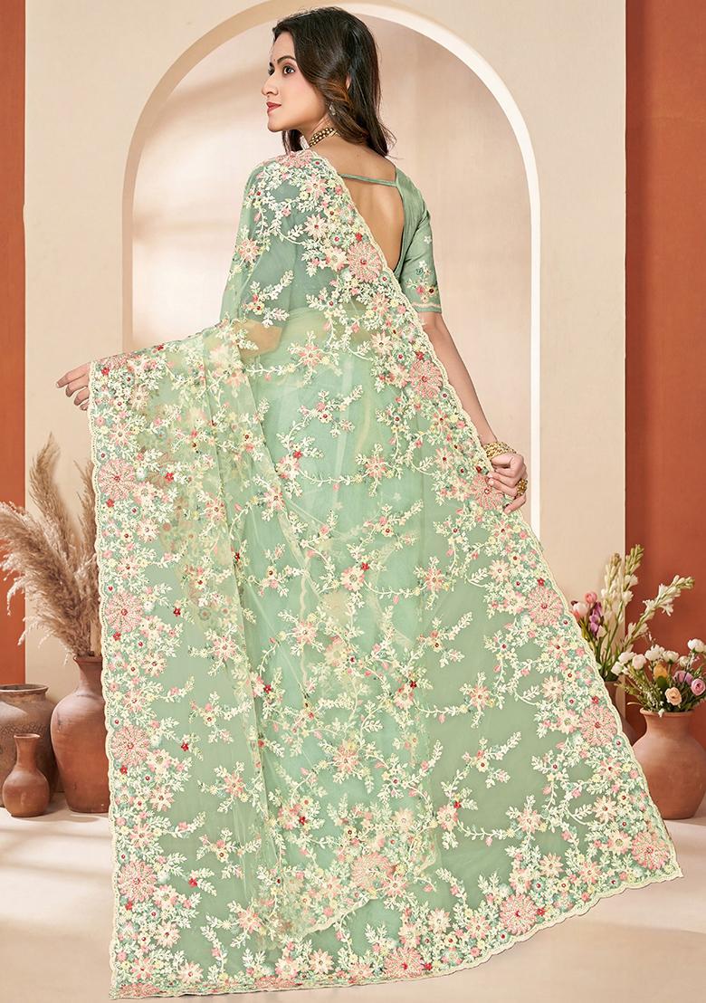 Sea Green Embroidery Net Saree Set - Indya
