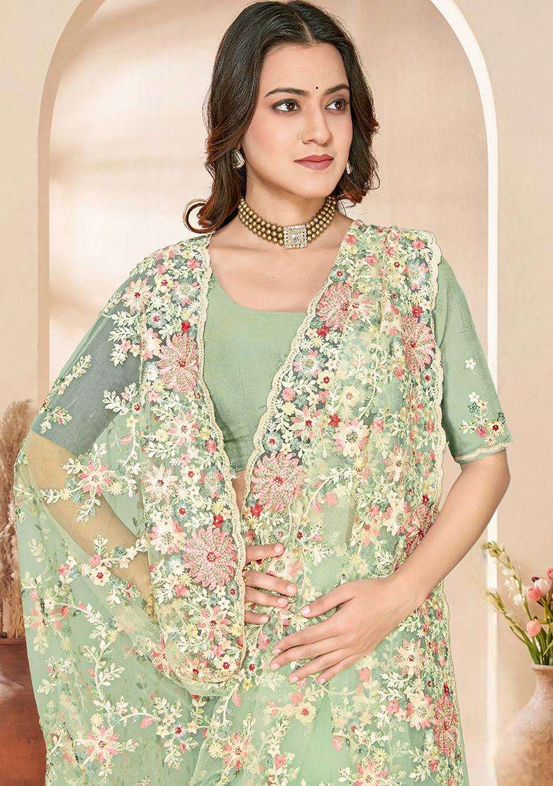 Sea Green Embroidery Net Saree Set - Indya