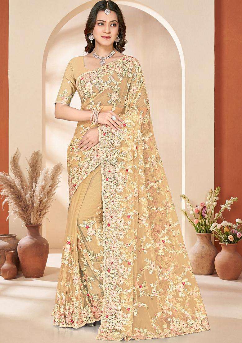 Lemon Yellow Embroidery Net Saree Set - Indya