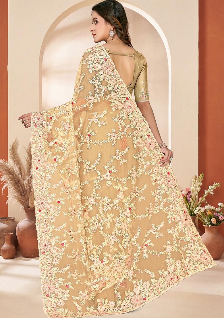 Lemon Yellow Embroidery Net Saree Set - Indya