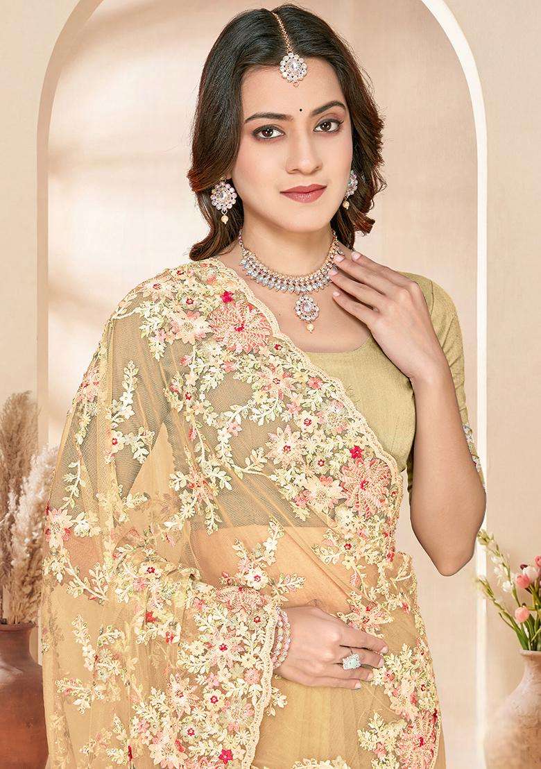 Lemon Yellow Embroidery Net Saree Set - Indya