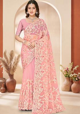 Dusty Peach Embroidery Net Saree Set