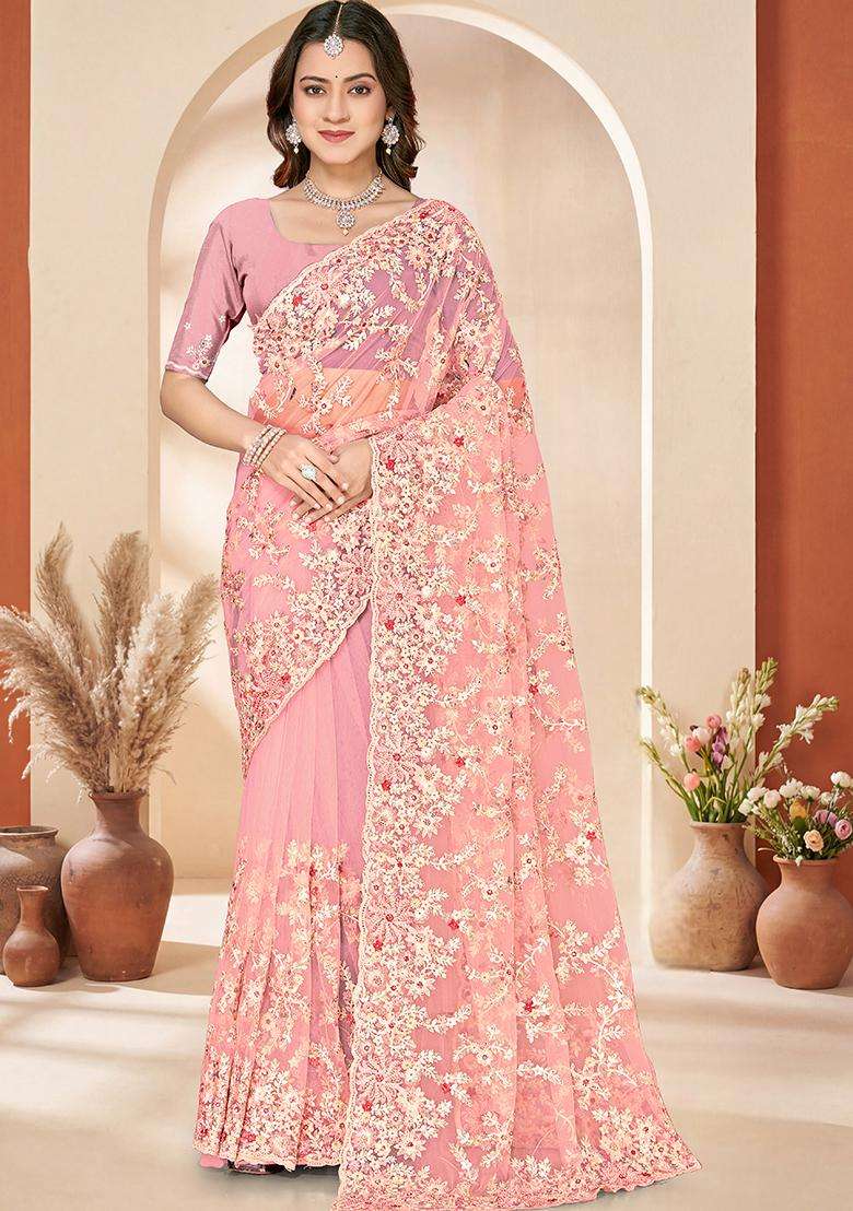 Dusty Peach Embroidery Net Saree Set - Indya