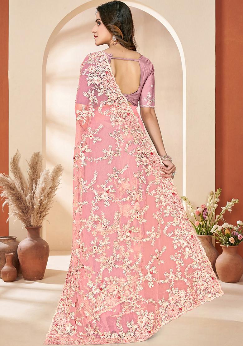 Dusty Peach Embroidery Net Saree Set - Indya