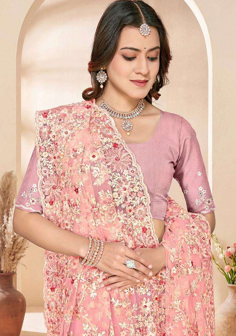 Dusty Peach Embroidery Net Saree Set - Indya