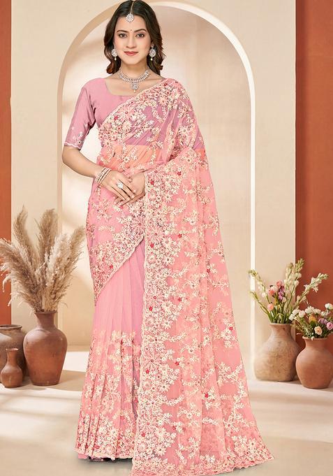 Dusty Peach Embroidery Net Saree Set