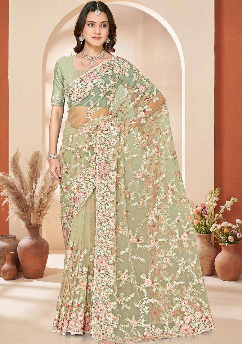 Dusty Pista Embroidery Net Saree Set - Indya