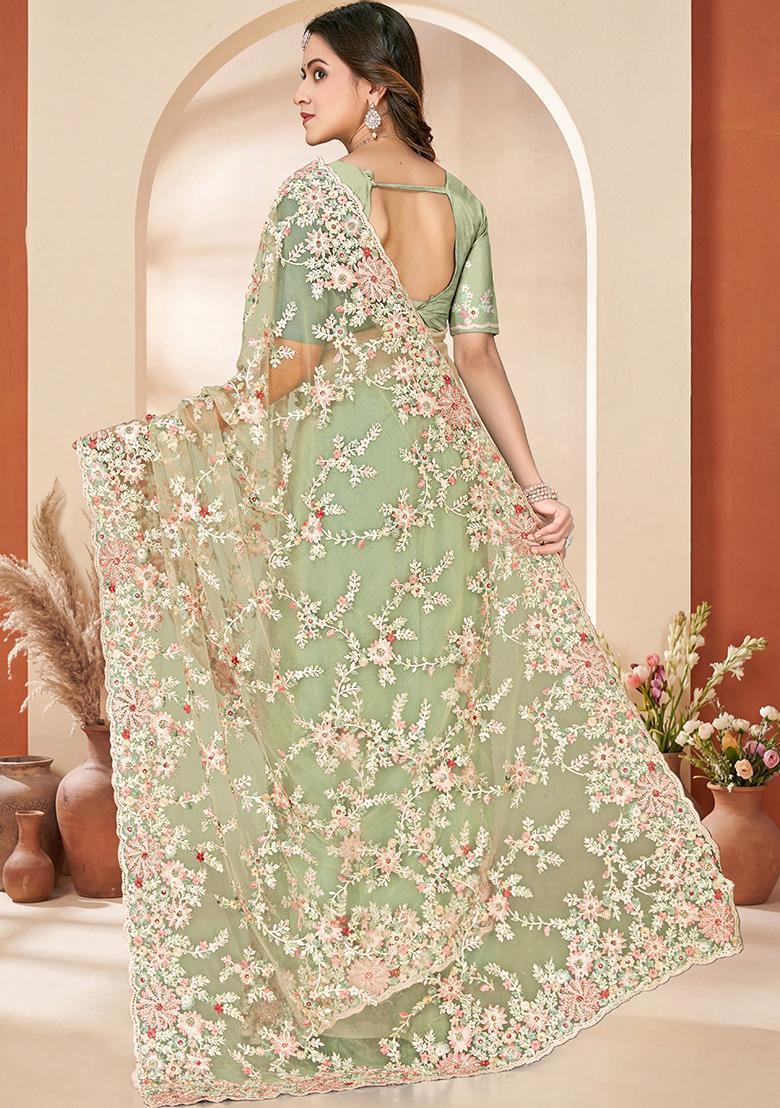 Dusty Pista Embroidery Net Saree Set - Indya