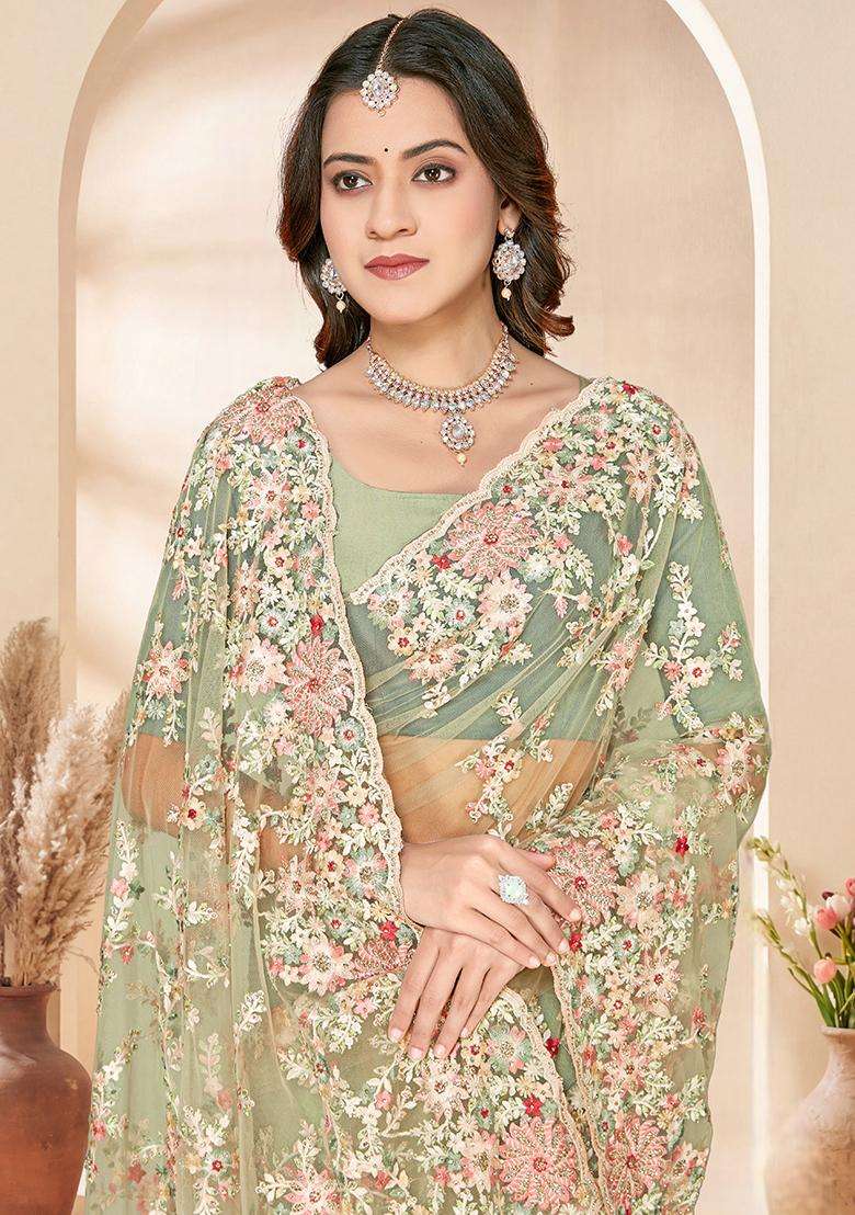 Dusty Pista Embroidery Net Saree Set - Indya