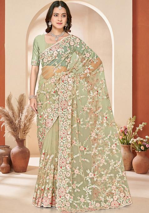 Dusty Pista Embroidery Net Saree Set
