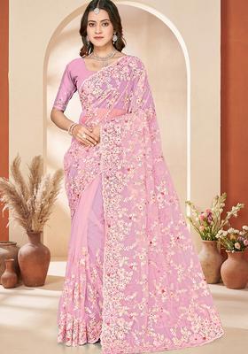 Dusty Pink Embroidery Net Saree Set