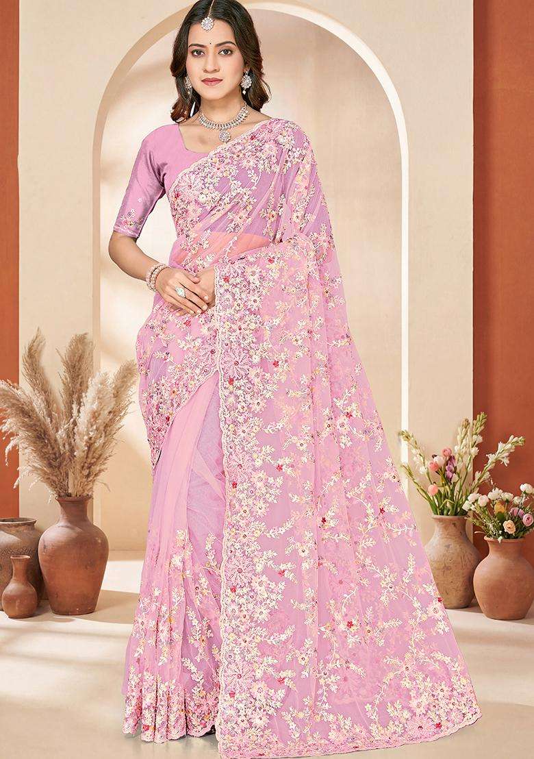 Dusty Pink Embroidery Net Saree Set - Indya