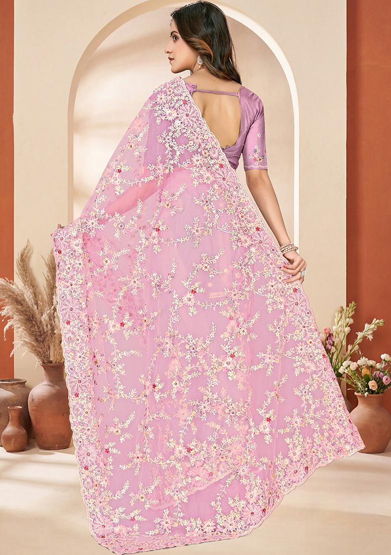 Dusty Pink Embroidery Net Saree Set - Indya