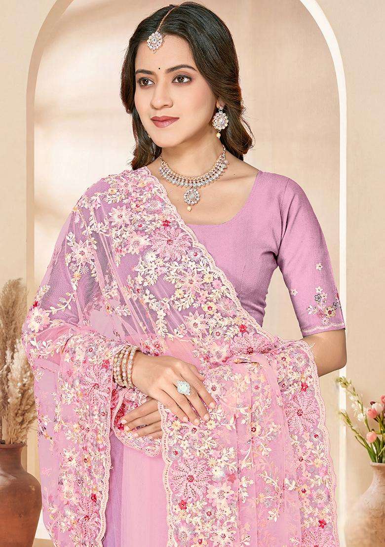 Dusty Pink Embroidery Net Saree Set - Indya