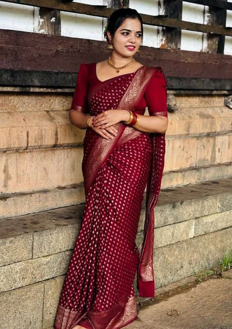 Maroon Silk Blend Saree Set with Embroidery for Diwali | Wedding & Festive Wear - Indya