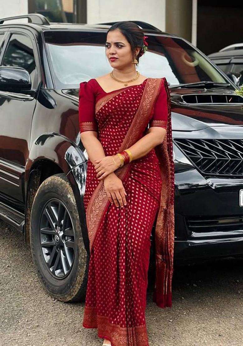 Maroon Embroidery Silk Saree Set - Indya