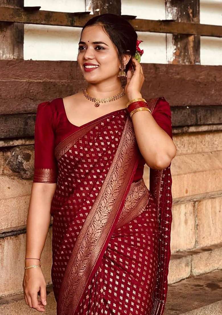 Maroon Silk Blend Saree Set with Embroidery for Diwali | Wedding & Festive Wear - Indya