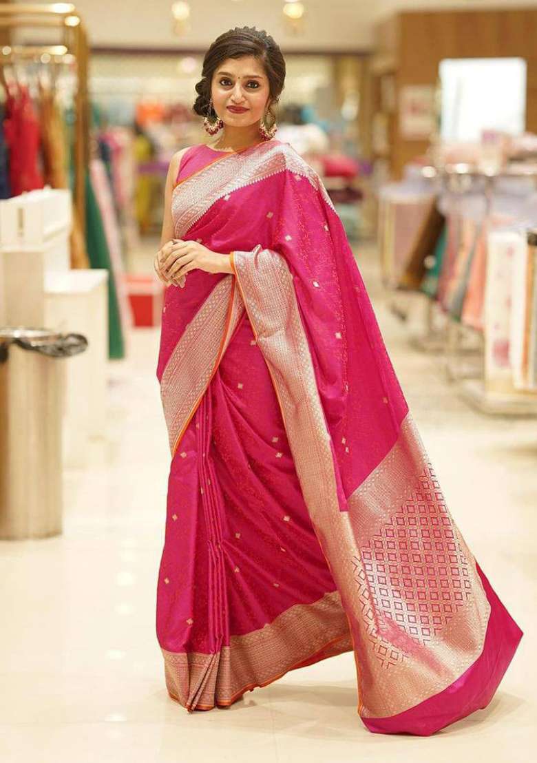 Pink Embroidery Silk Blend Saree Set for Diwali and Festive Wear - Indya