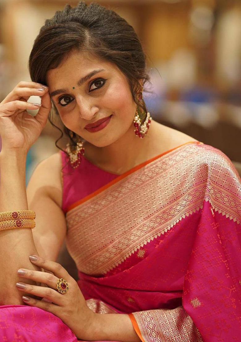 Pink Embroidery Silk Saree Set - Indya