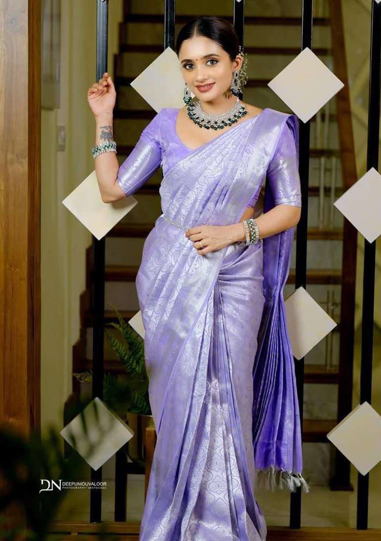 Lavender Silk Blend Saree Set with Embroidery for Diwali | Wedding & Festive Wear - Indya