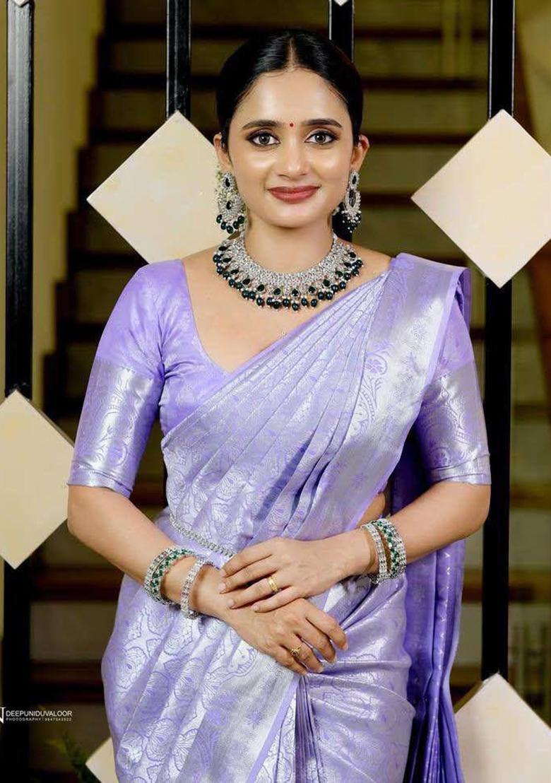 Lavender Embroidery Silk Saree Set - Indya