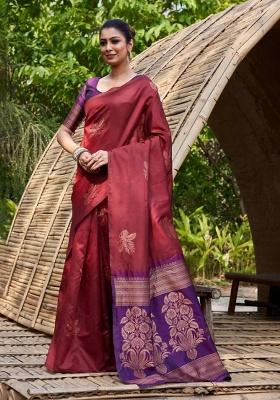 Maroon Embroidery Silk Saree Set