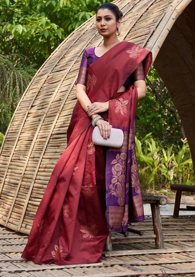 Maroon Embroidery Silk Saree Set - Indya