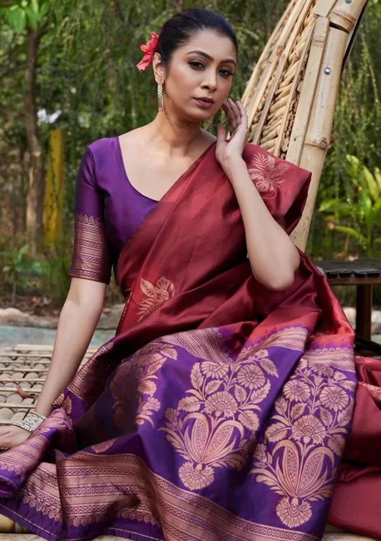 Maroon Embroidery Silk Saree Set - Indya