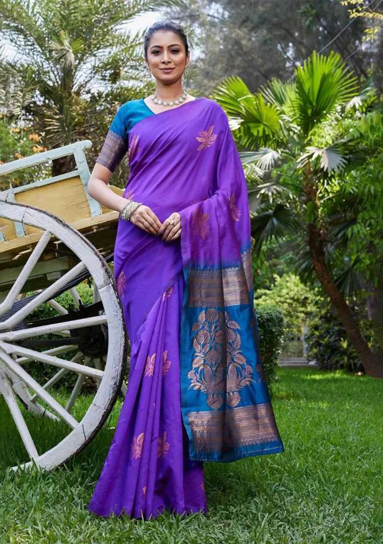 Purple Silk Blend Saree Set with Embroidery for Diwali | Wedding & Festive Wear - Indya