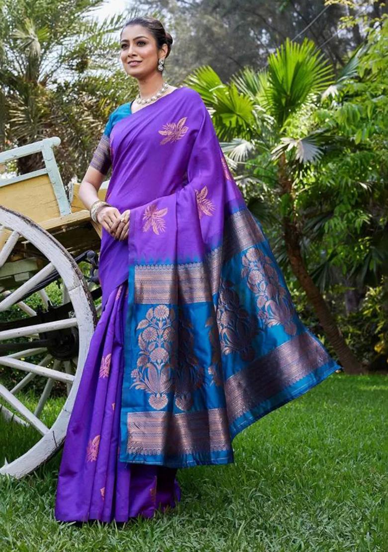 Purple Embroidery Silk Saree Set - Indya
