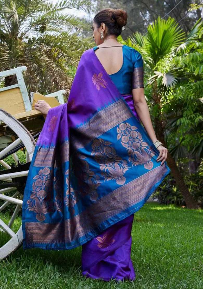 Purple Silk Blend Saree Set with Embroidery for Diwali | Wedding & Festive Wear - Indya