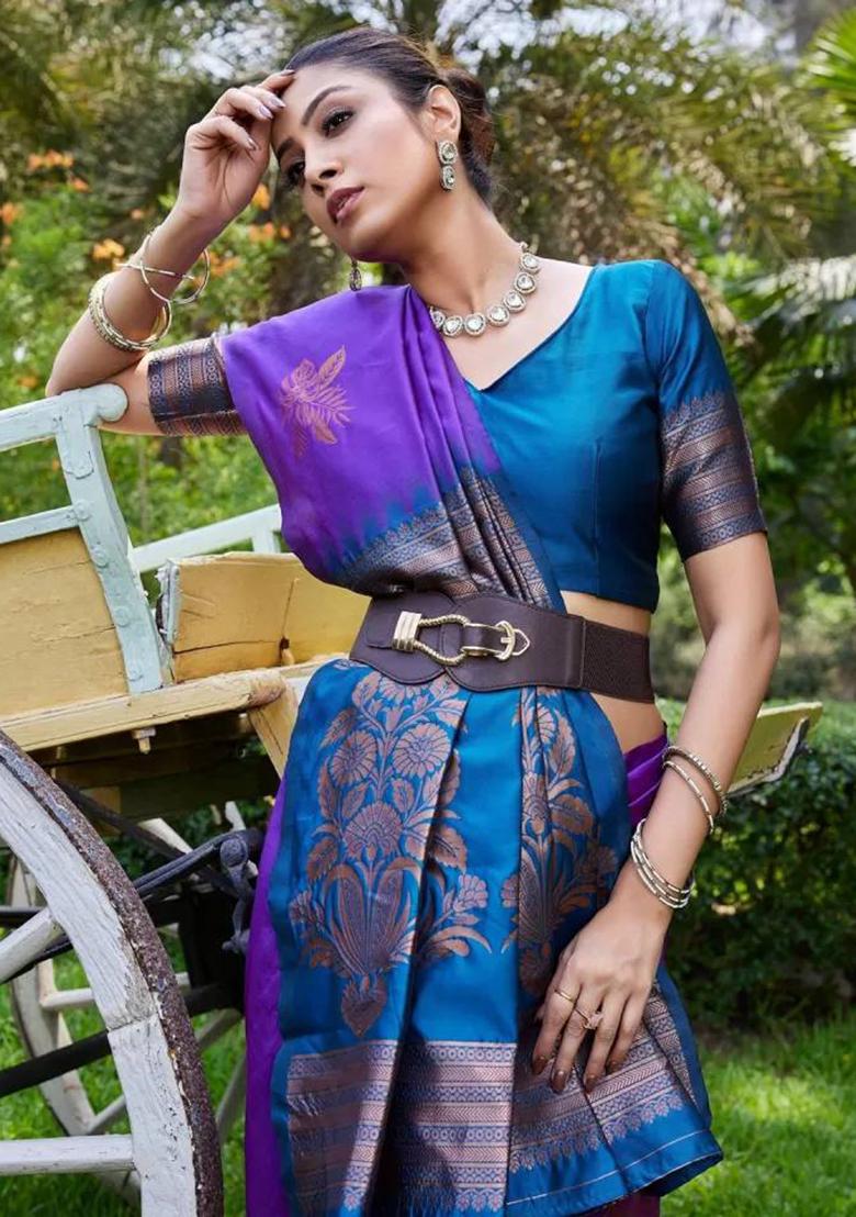 Purple Embroidery Silk Saree Set - Indya