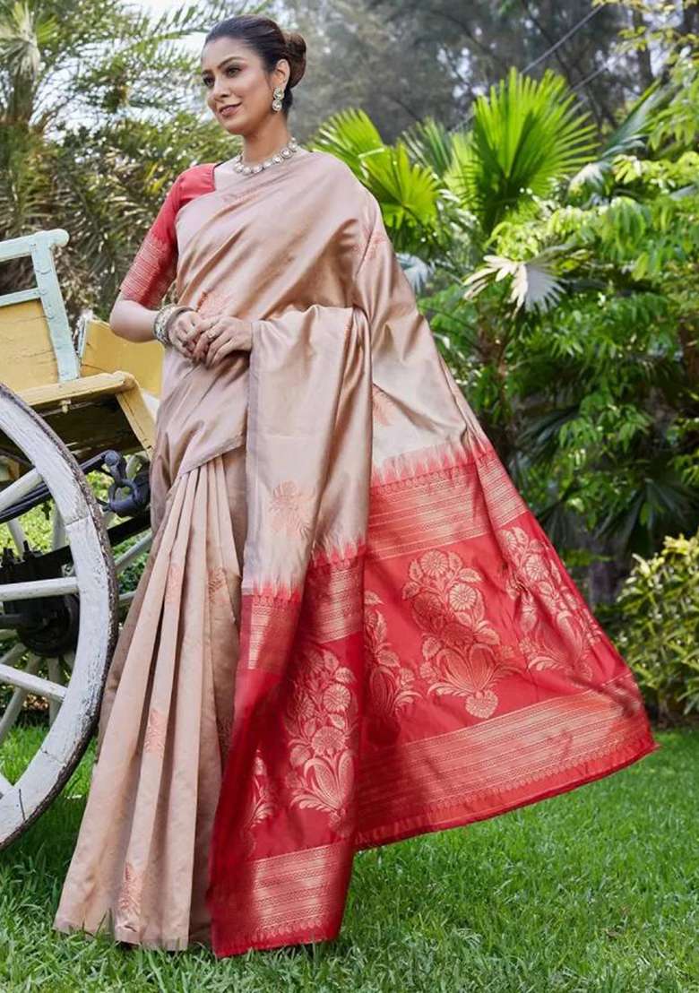 Cream Silk Blend Saree Set with Embroidery for Diwali | Wedding & Festive Wear - Indya