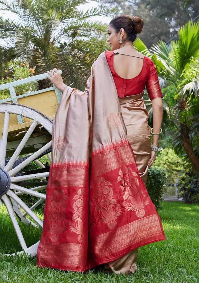 Cream Silk Blend Saree Set with Embroidery for Diwali | Wedding & Festive Wear - Indya