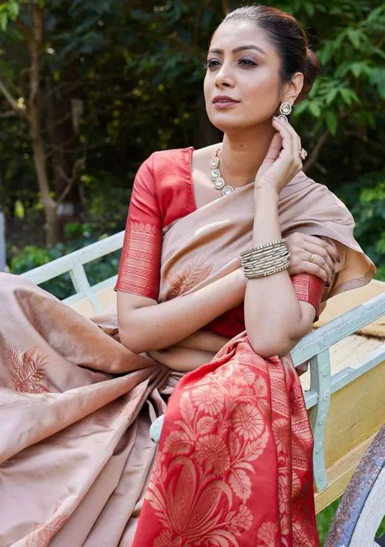 Cream Silk Blend Saree Set with Embroidery for Diwali | Wedding & Festive Wear - Indya