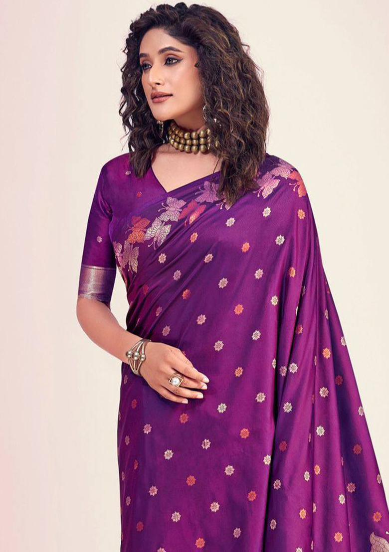 Purple Embroidery Silk Saree Set - Indya