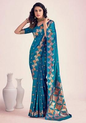 Blue Embroidery Silk Saree Set