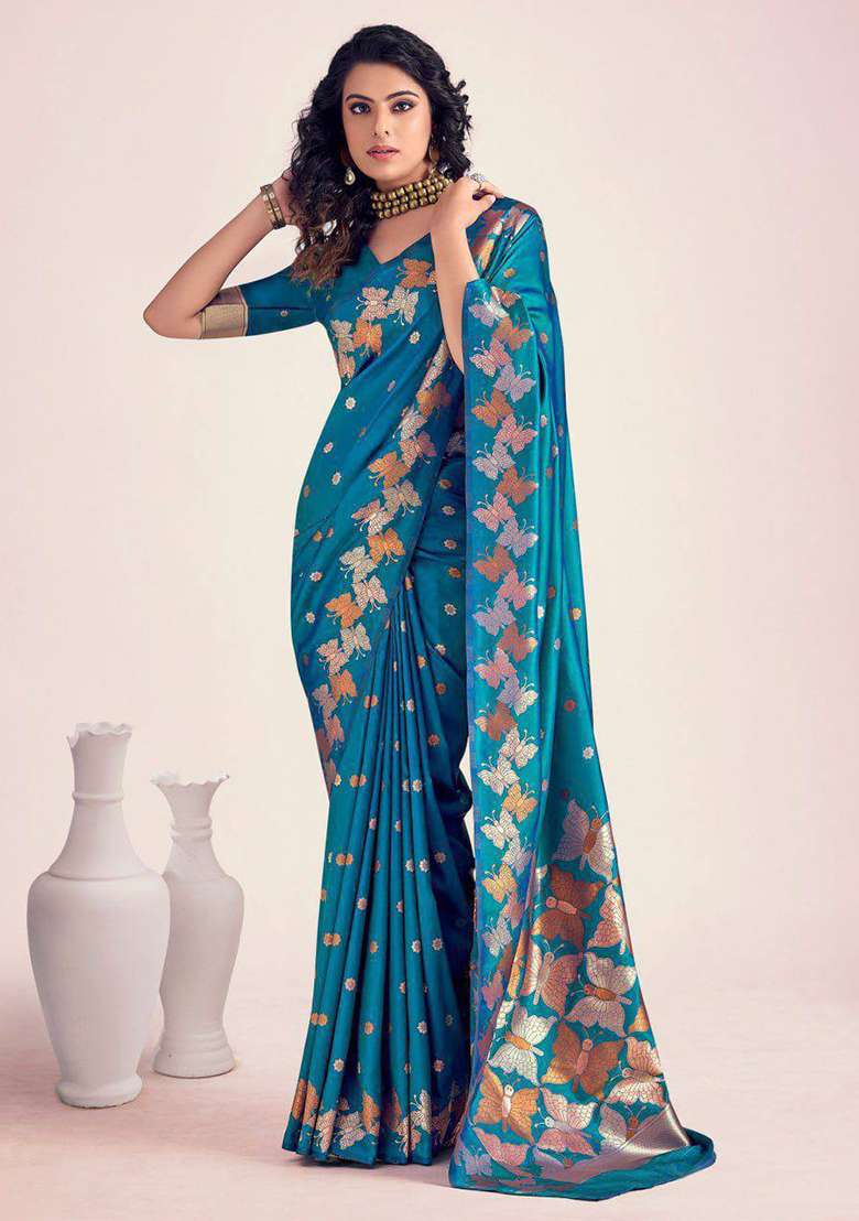 Blue Silk Blend Saree Set with Embroidery for Diwali | Wedding & Festive Wear - Indya