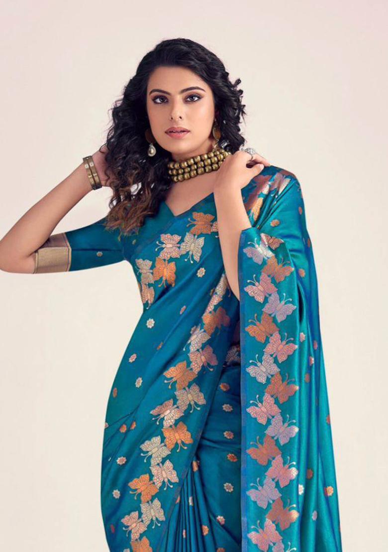 Blue Embroidery Silk Saree Set - Indya