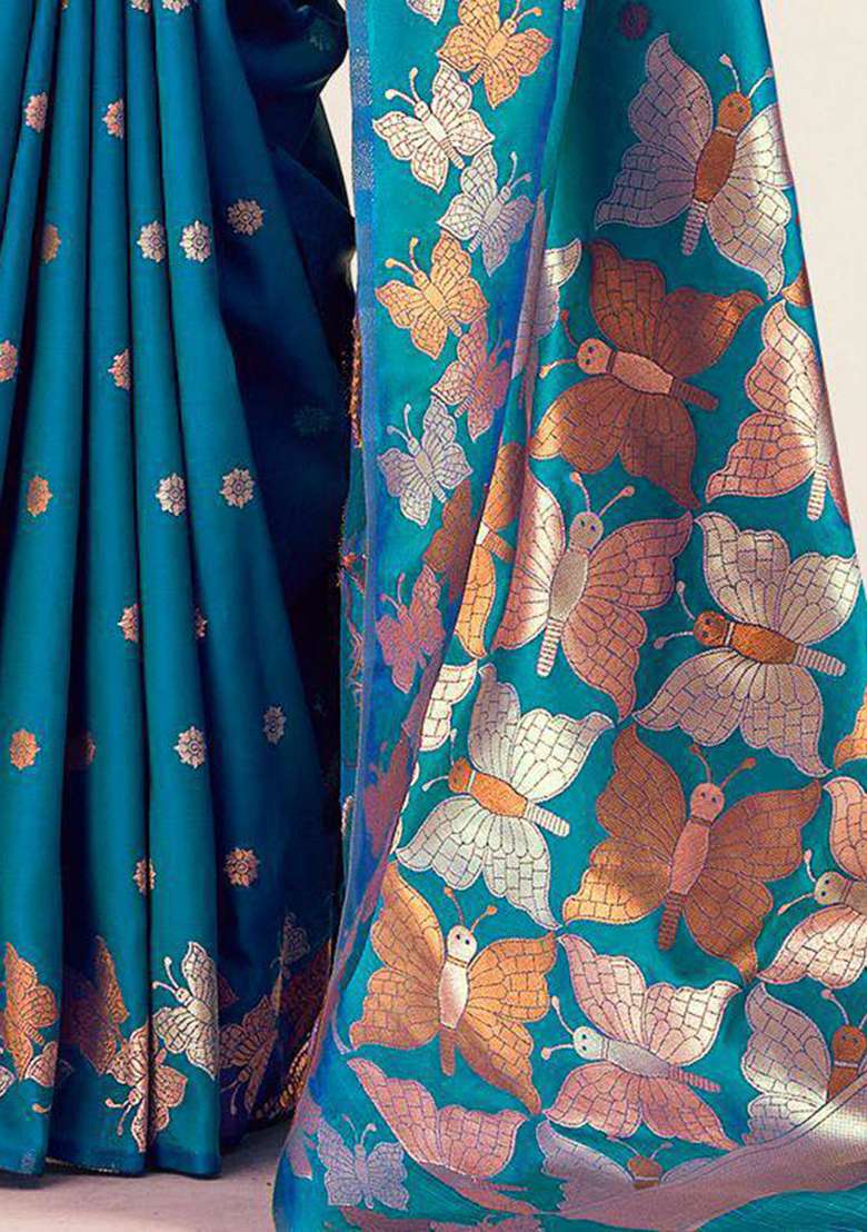 Blue Silk Blend Saree Set with Embroidery for Diwali | Wedding & Festive Wear - Indya