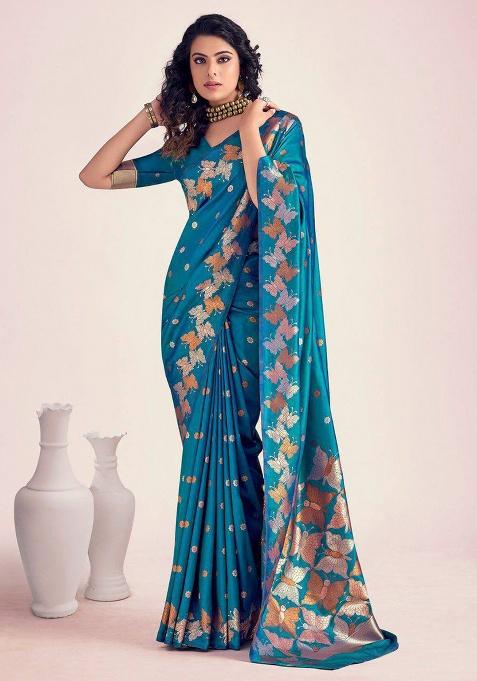 Blue Embroidery Silk Saree Set