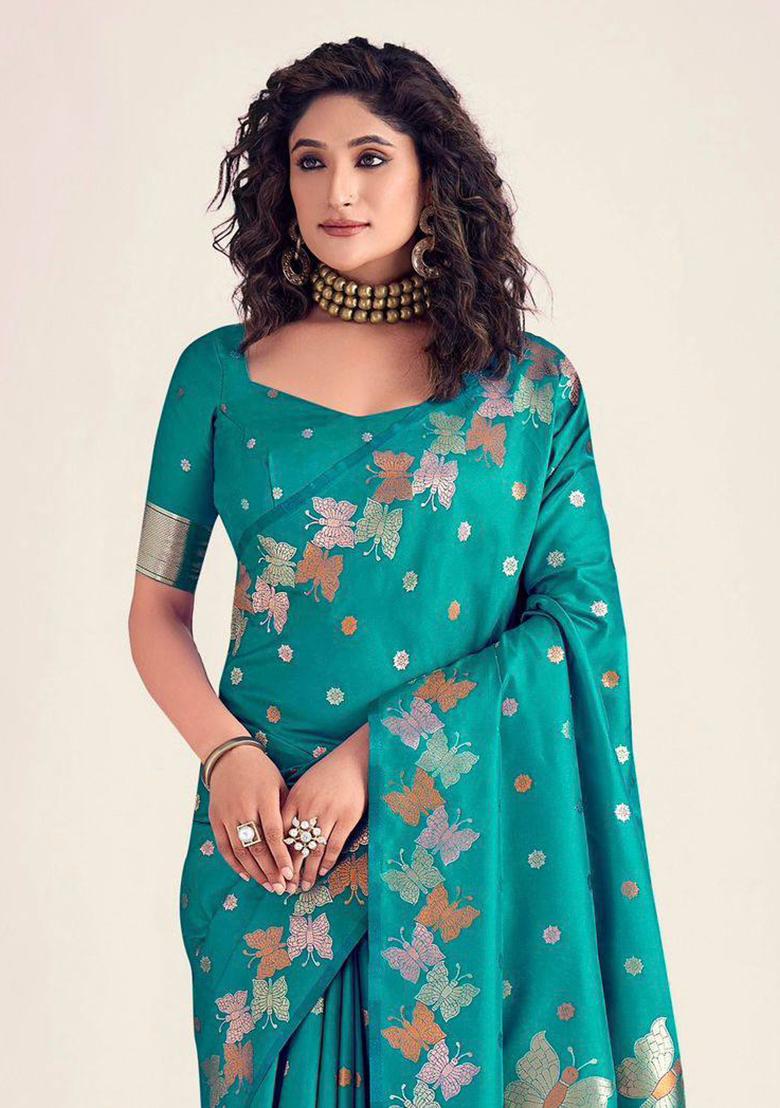 Green Embroidery Silk Saree Set - Indya