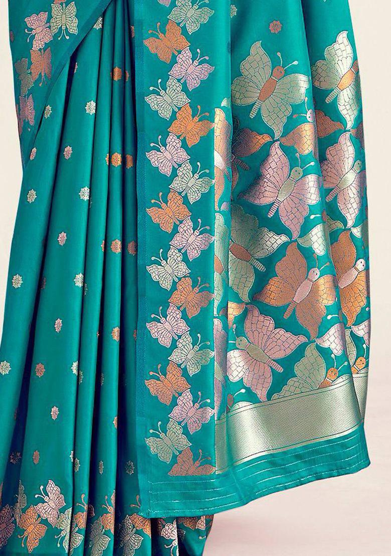 Green Embroidery Silk Saree Set - Indya