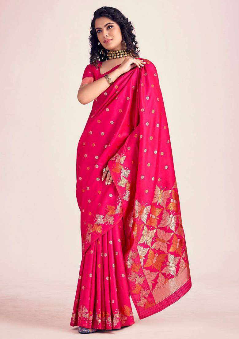 Pink Embroidery Silk Blend Saree Set for Diwali and Festive Wear - Indya