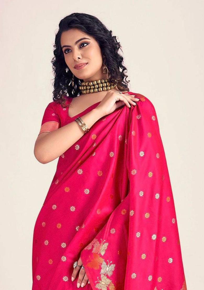 Pink Embroidery Silk Saree Set - Indya