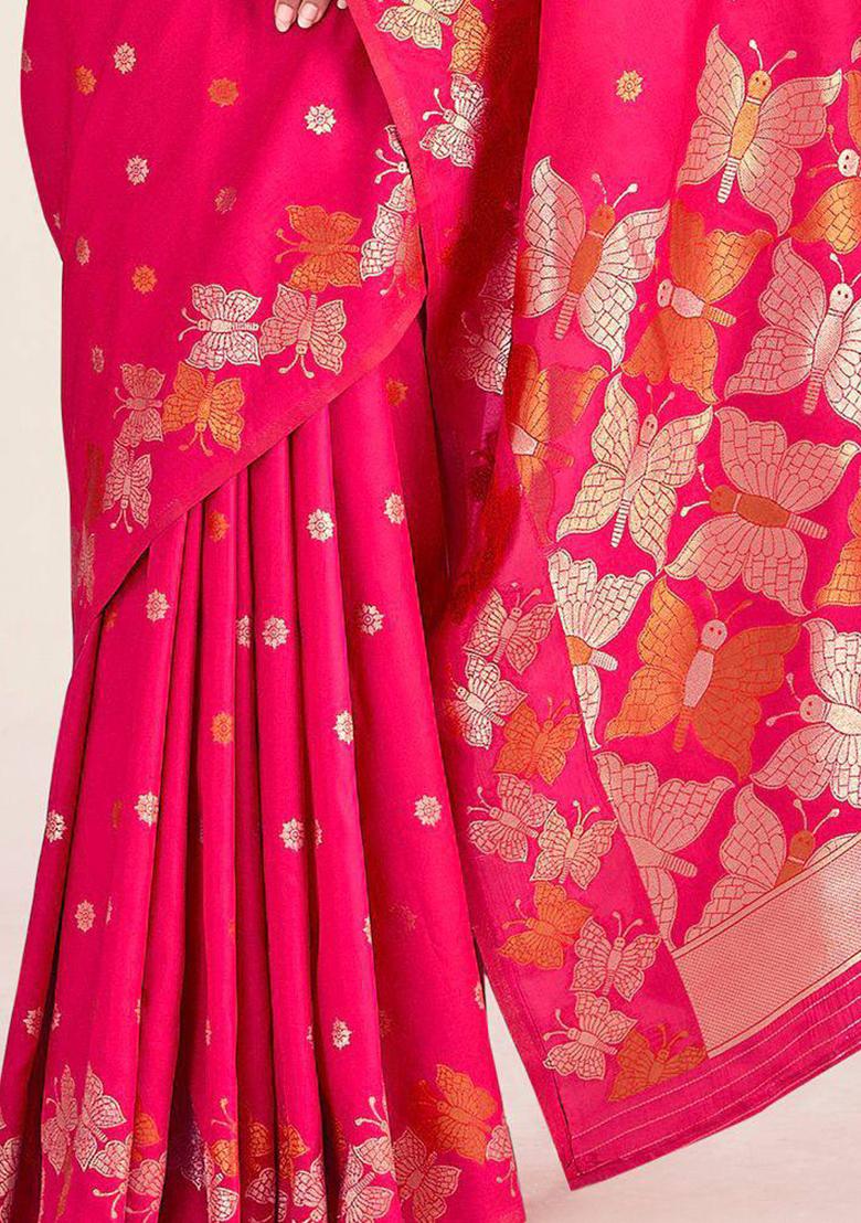 Pink Embroidery Silk Saree Set - Indya
