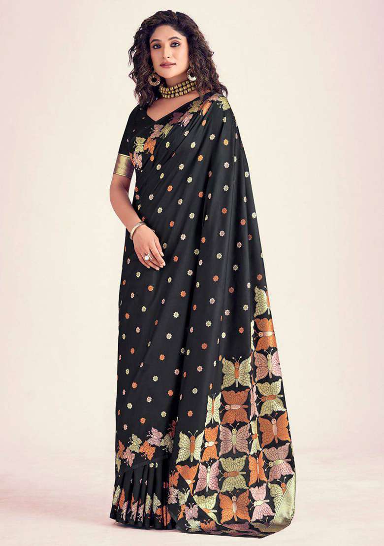 Black Embroidery Silk Blend Saree Set for Diwali and Festive Wear - Indya